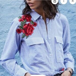 Rails Frances Banker Stripe Shirt S Blue White Red Floral Embroidered Patches